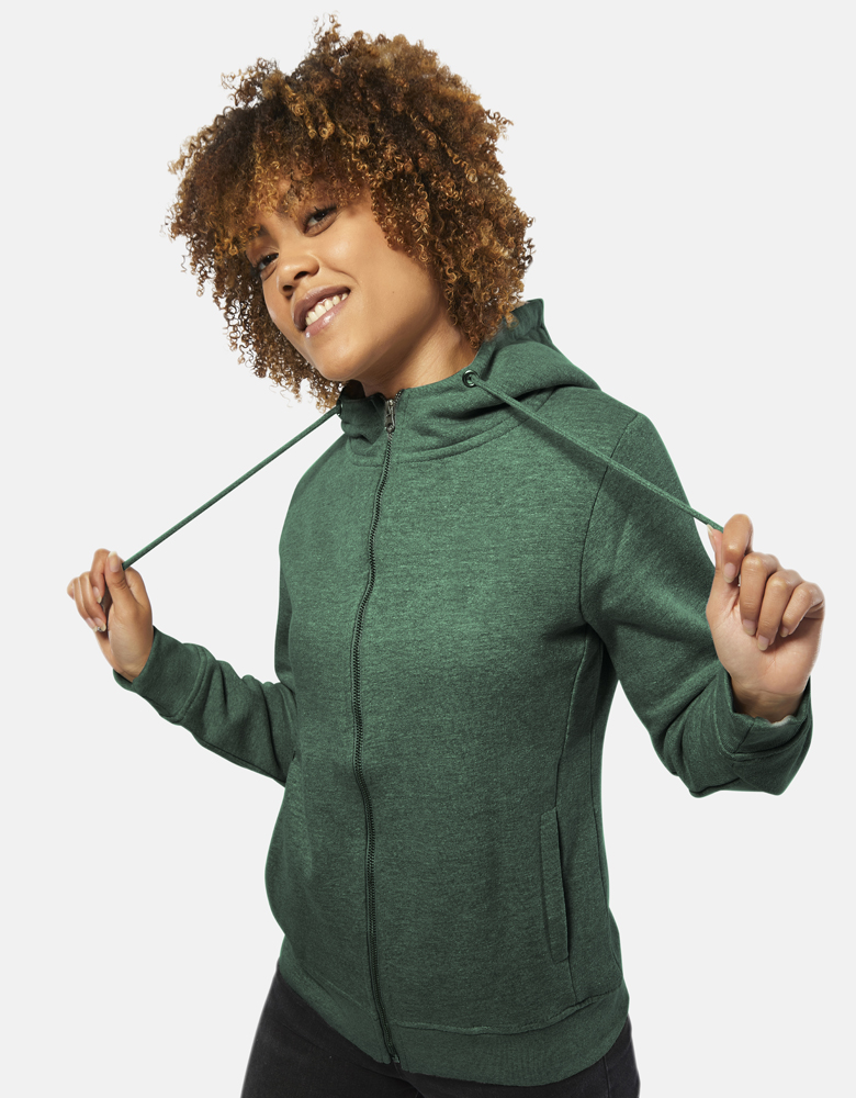 Modelling green hoodie with drawstring